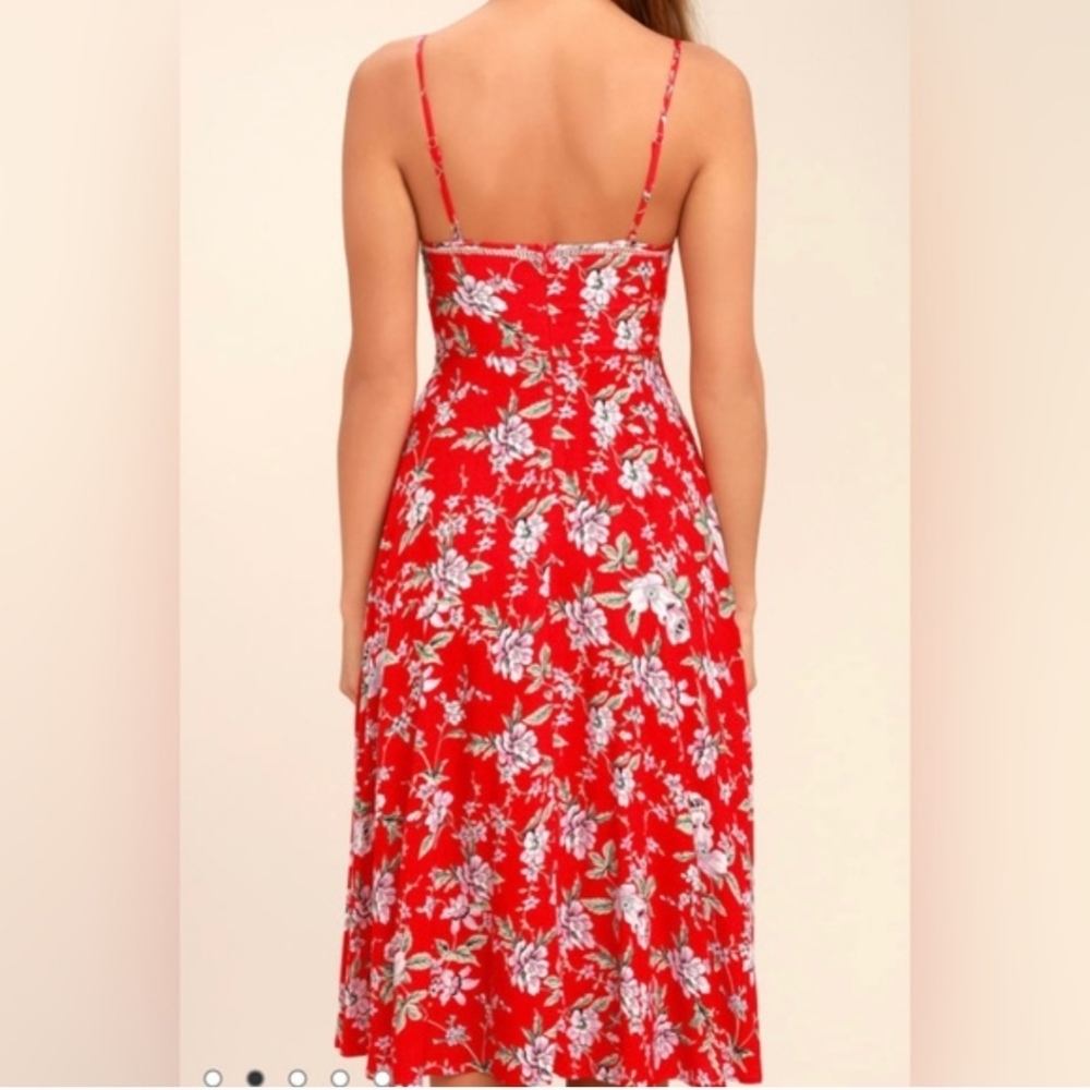 Lulu's Vibrant Red Floral Midi Dress - Picture 2 of 3
